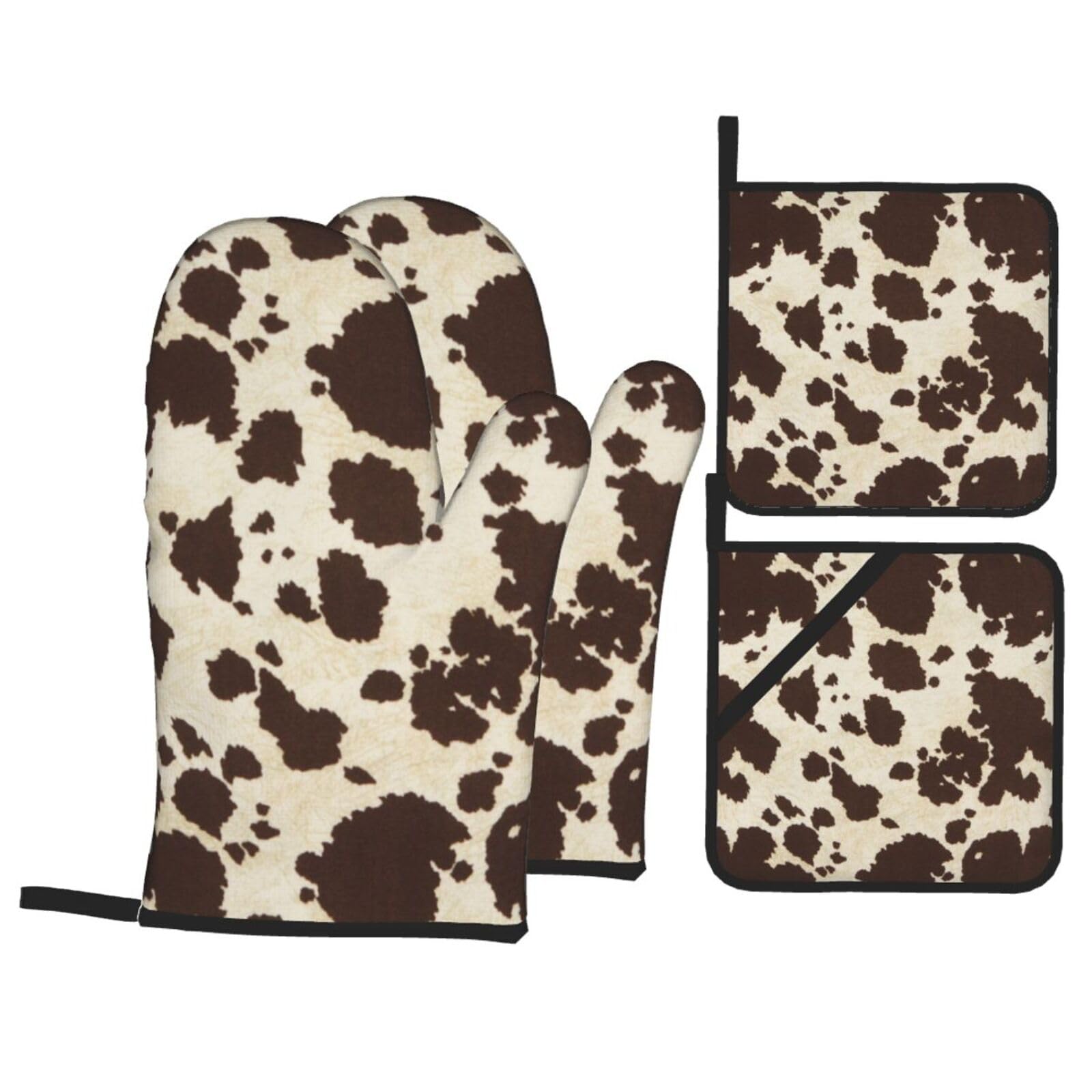 Brown Cow Spots Print Stylish Heat-Resistant Oven 4-Piece Set Kitchen Gloves Roasting Daily Cooking