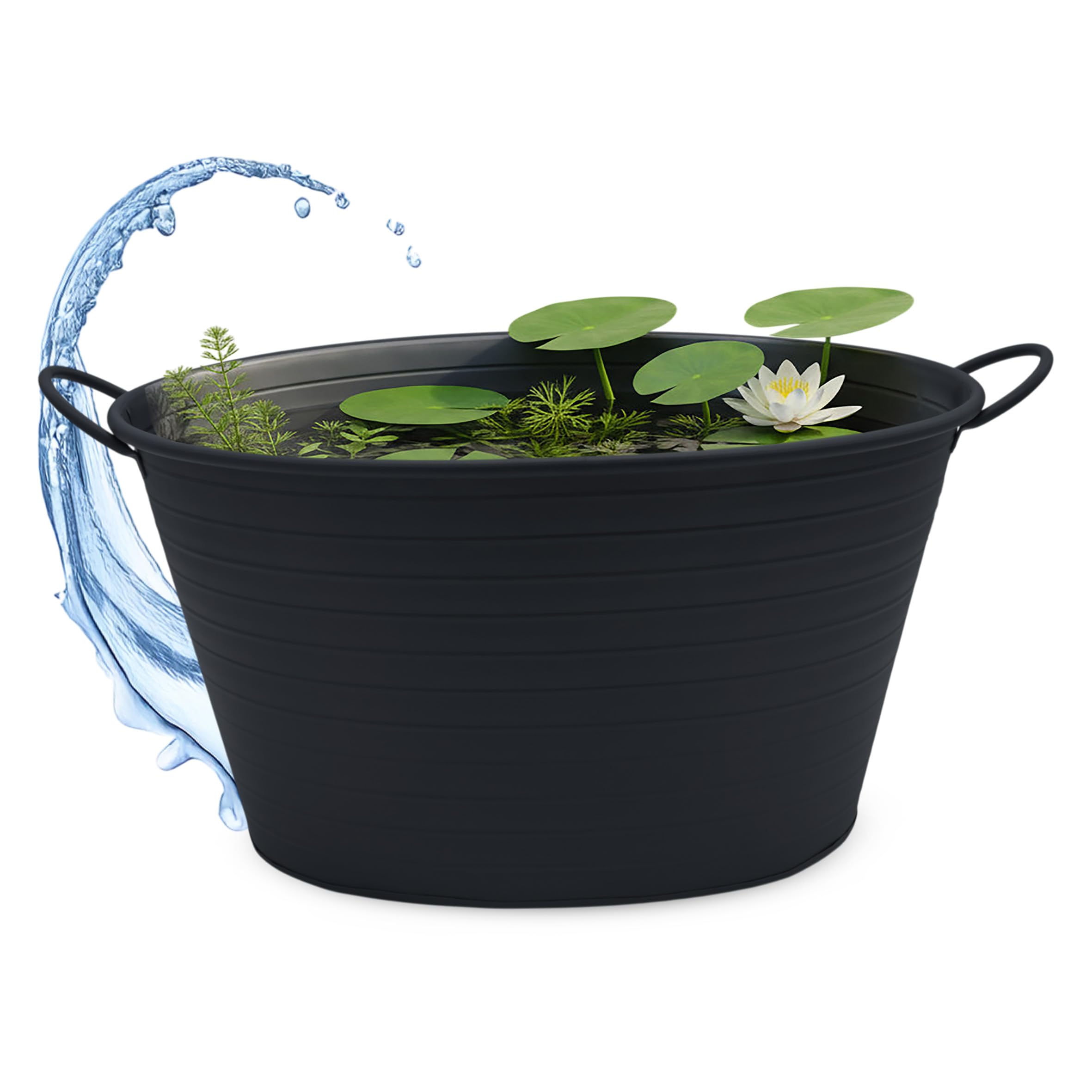 Spetebo Bac ovale en métal avec poignées - 59 x 36 cm - Noir - Jardinière décorative en métal - Mini bassin de jardin, bassin de balcon, bac à fleurs - Pot de fleurs décoratif