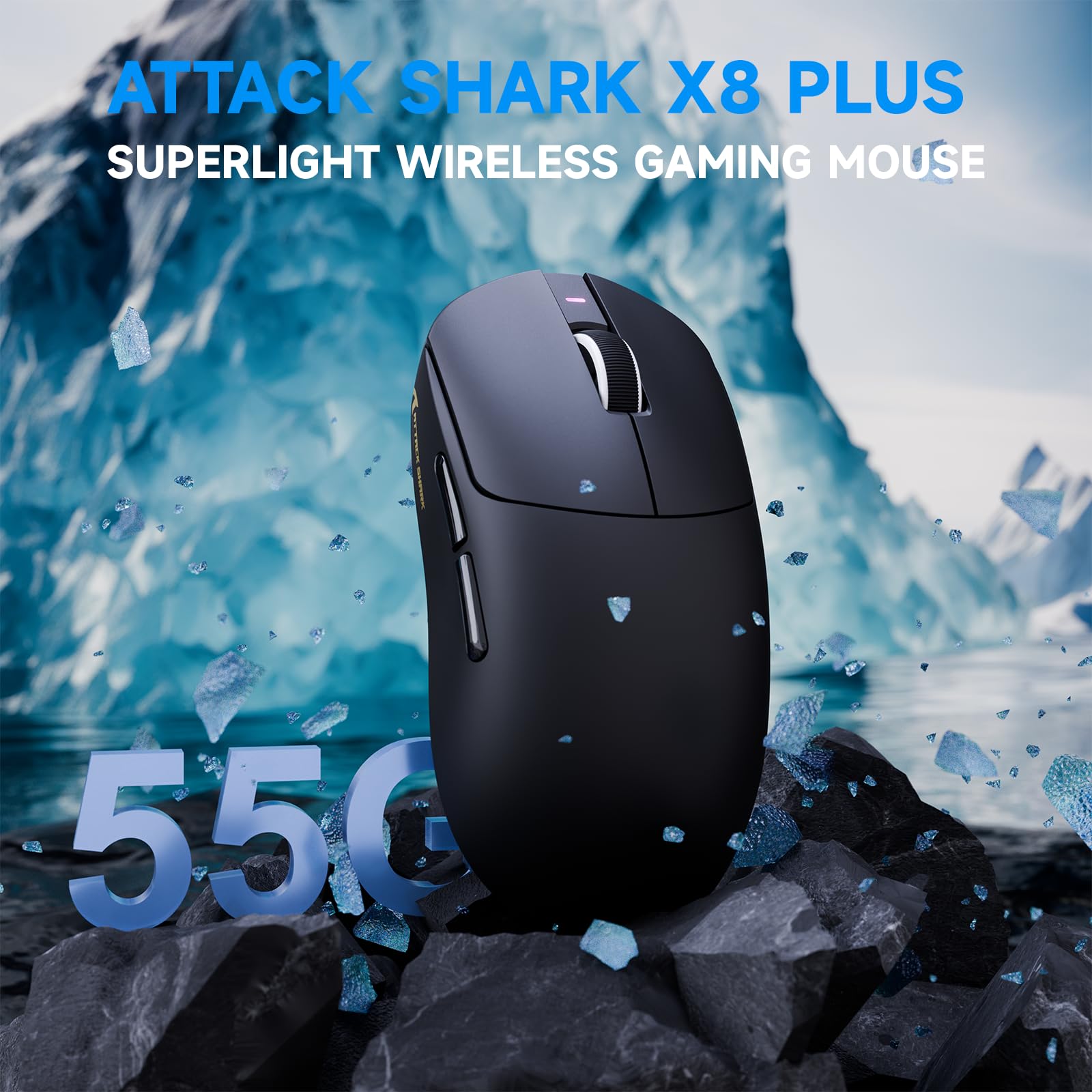 ATTACK SHARK X8 PLUS Bezprzewodowa Mysz Gamingowa z Przewodem LED C06 Ultra, 55g SUPERLEKKA, dla Dużych Dłoni, Sensor PixArt PAW3395PRO, BT/2.4G/USB, 40000 DPI, Bateria 500mAh (Czarna)