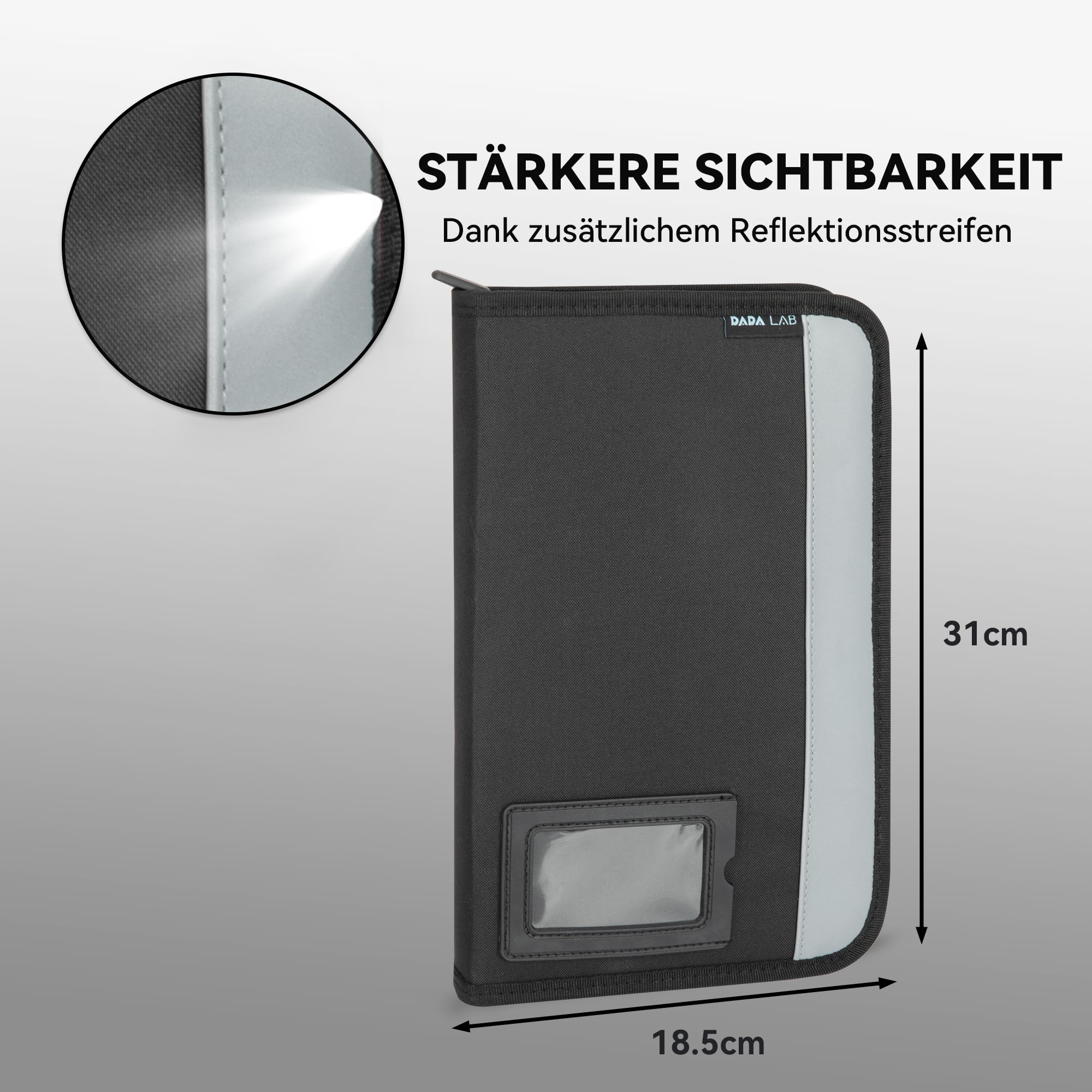 Schlüsselmappe für Gewerbe & Immobilienverwalter – Schlüssel Organizer mit Klickverschluss, Reflektionsstreifen & Außen-Kartenfach, Schwarz, 20 Schlüssel
