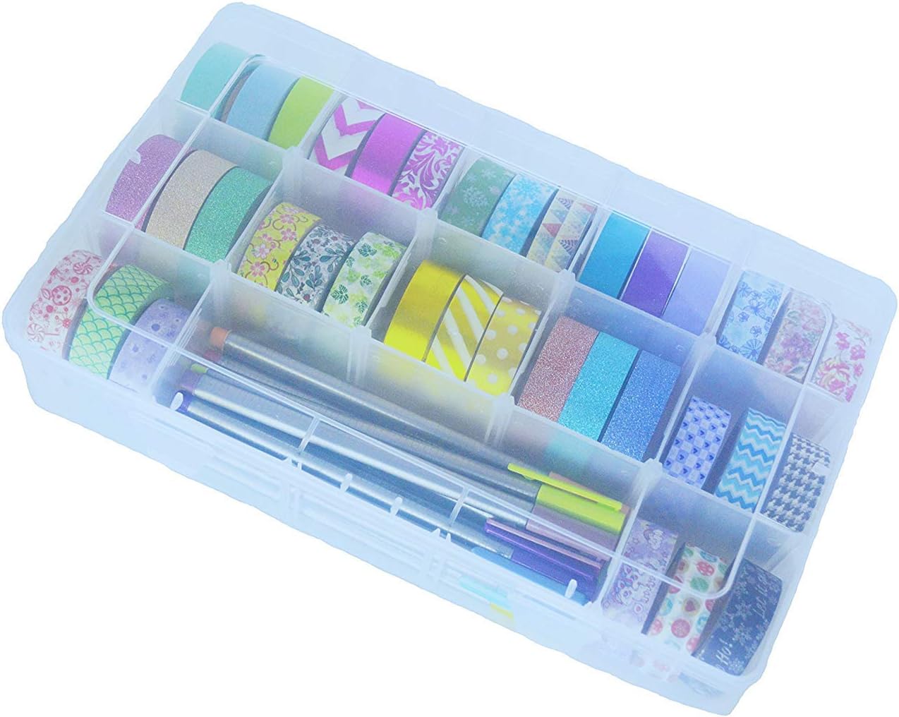 Washi Tape Storage Box by Tanpopo Art | Clear Box Organizer with Adjustable Compartments | Blue Color [ Box only, Tapes not Included]