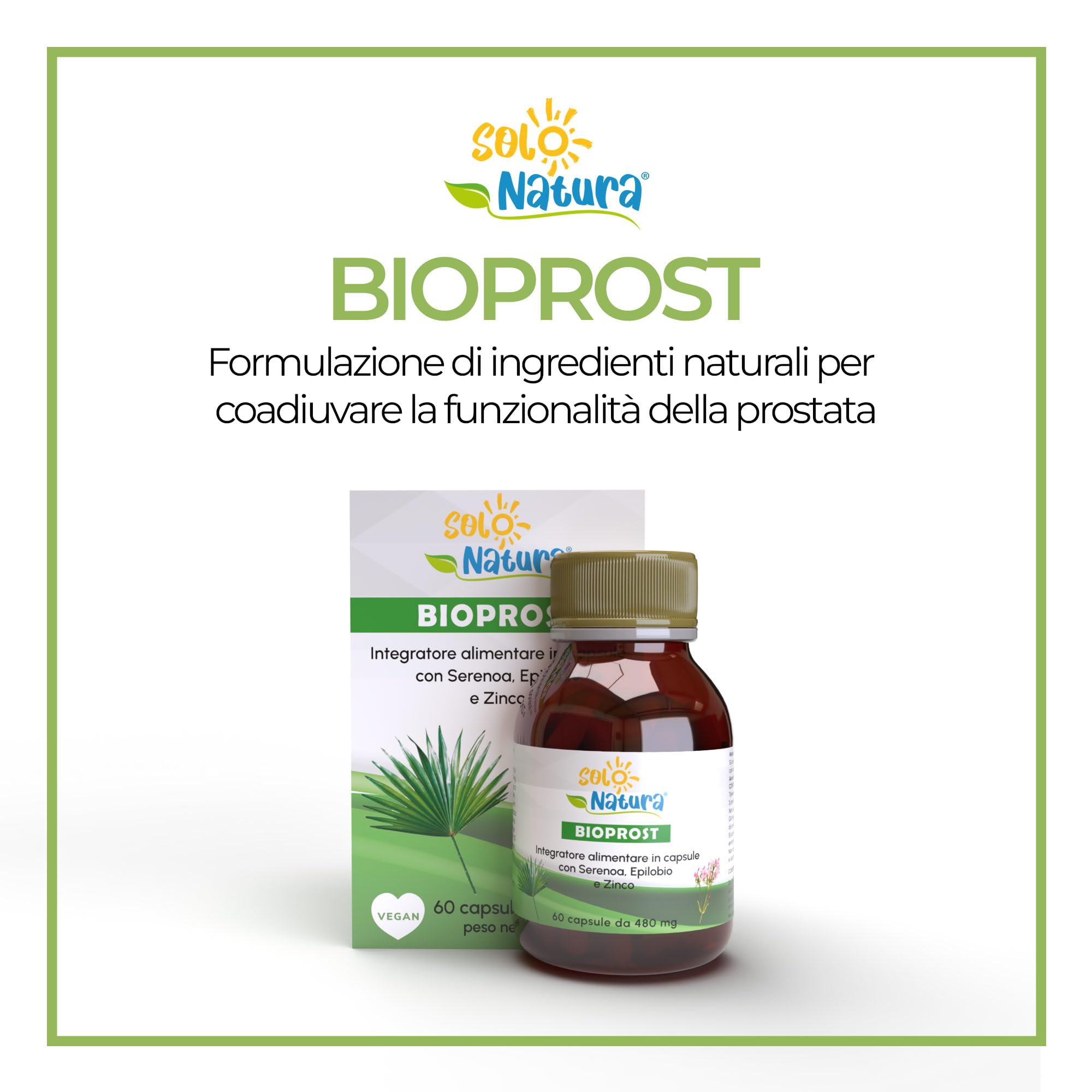 Bioprost - Integratore Prostata Naturale con Serenoa Repens, Ortica, Epilobio, Agnocasto e Zinco - Supporto per Benessere Prostatico - 60 Capsule Vegetali