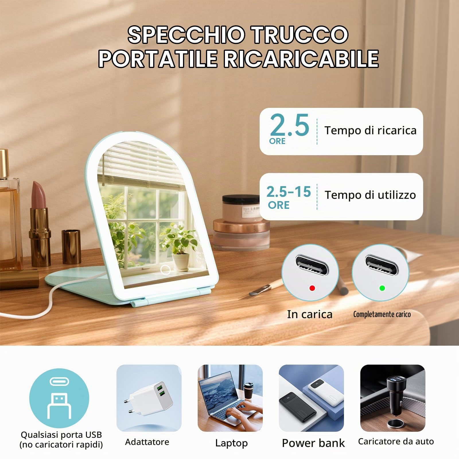 BESTOPE PRO Specchio Trucco con Luci LED Ricaricabile — immagine 6 di 14