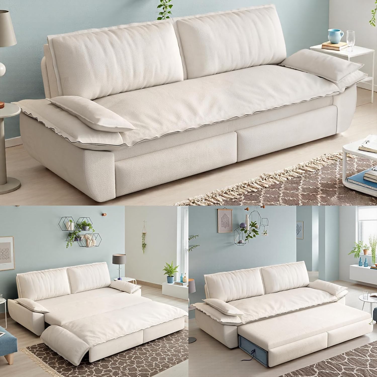 73.2-Inch Queen Size Convertible Sleeper Sofa Bed, 3-in-1 Pull-Out Futon Loveseat, Velvet Futon Couch with 2 Soft Pillows for Living Room, Office, Apartment, RV, Hide-A-Bed Fold Out Sofa&Couches 73.2 in Queen Sofa Cama Beige