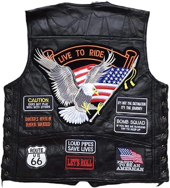 Mens Motorcycle Leather Vest American Flag Eagle Embroidered PU Vest