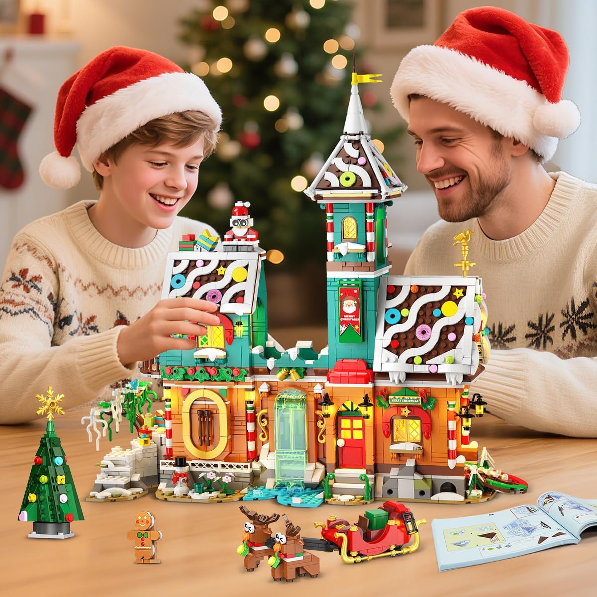 CUBIMANA 3 Style Christmas Gingerbread House Building Set with Lights - 2025 Holiday Castle Building Block Toy with Santa Claus Xmas Tree Gifts for Adults Teens Kids Girls Boy Ages 10+ (1976PCS)