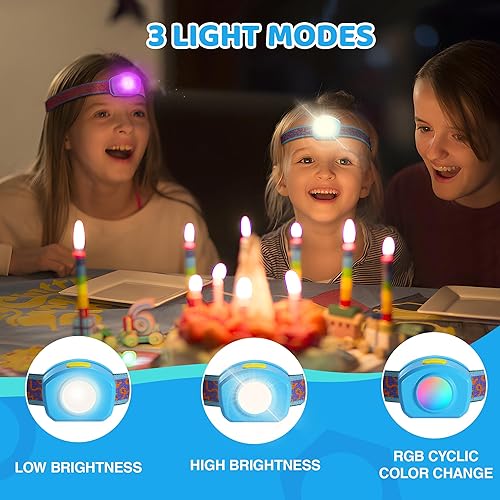 Miniatura 2 de EverBrite Linterna frontal LED recargable para niños con modo RGB y diadema ajustable, 3 modos de faros multicolor para niños, lámpara de cabeza