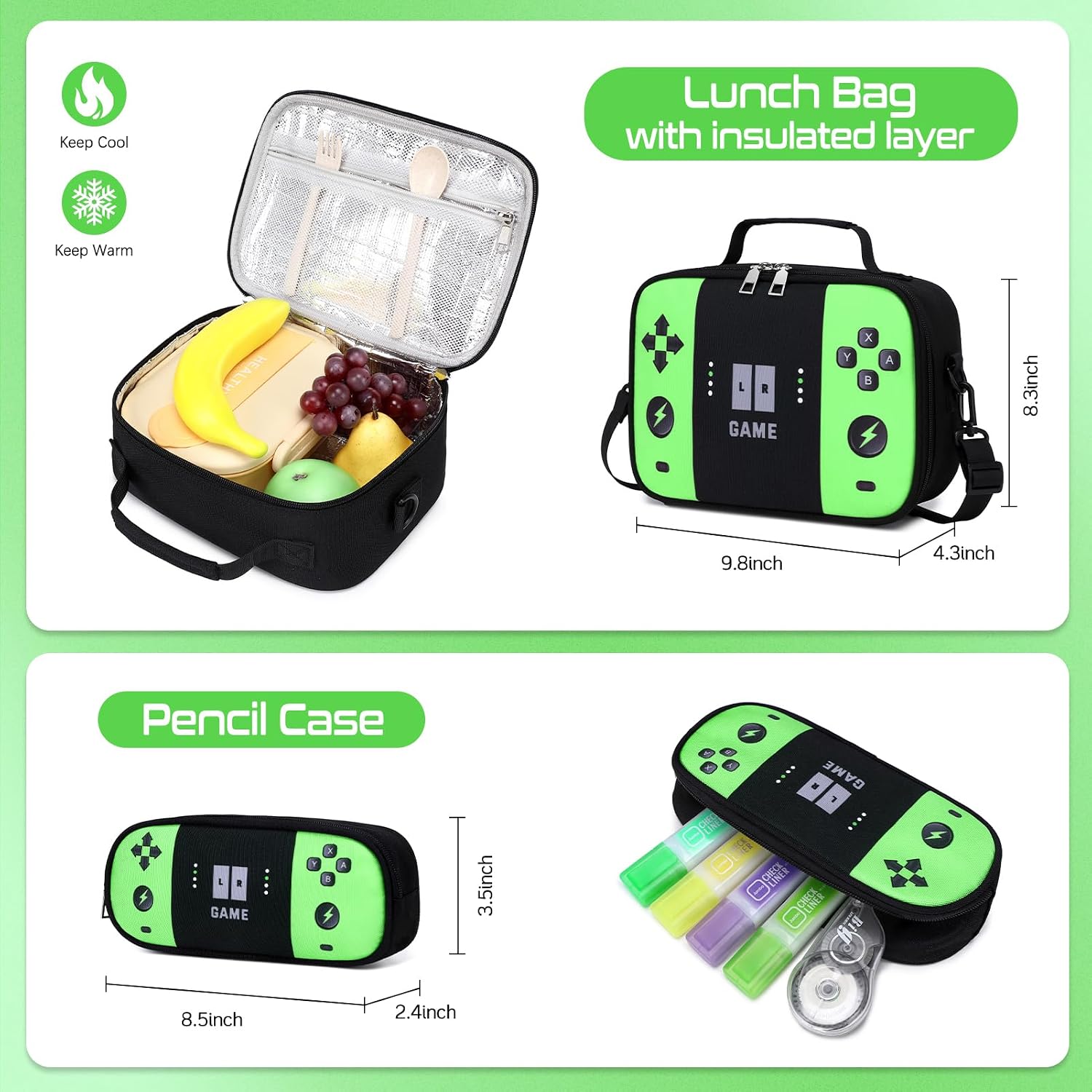 Gamer Backpack for Boys , 3PCS Boys Backpack with Lunch Box & Pencil Pouch, Waterproof School Bags for Boy Kids Children Teens, Elementary Middle School, Kids Book Bag Casual Daypack (Neon Green)