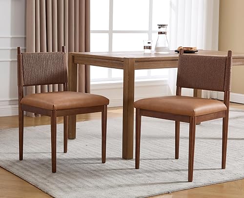 Miniatura 7 de EALSON Juego de 2 sillas de comedor de ratán tapizadas de cuero con patas de madera de nogal y respaldo tejido, sillas de cocina modernas de