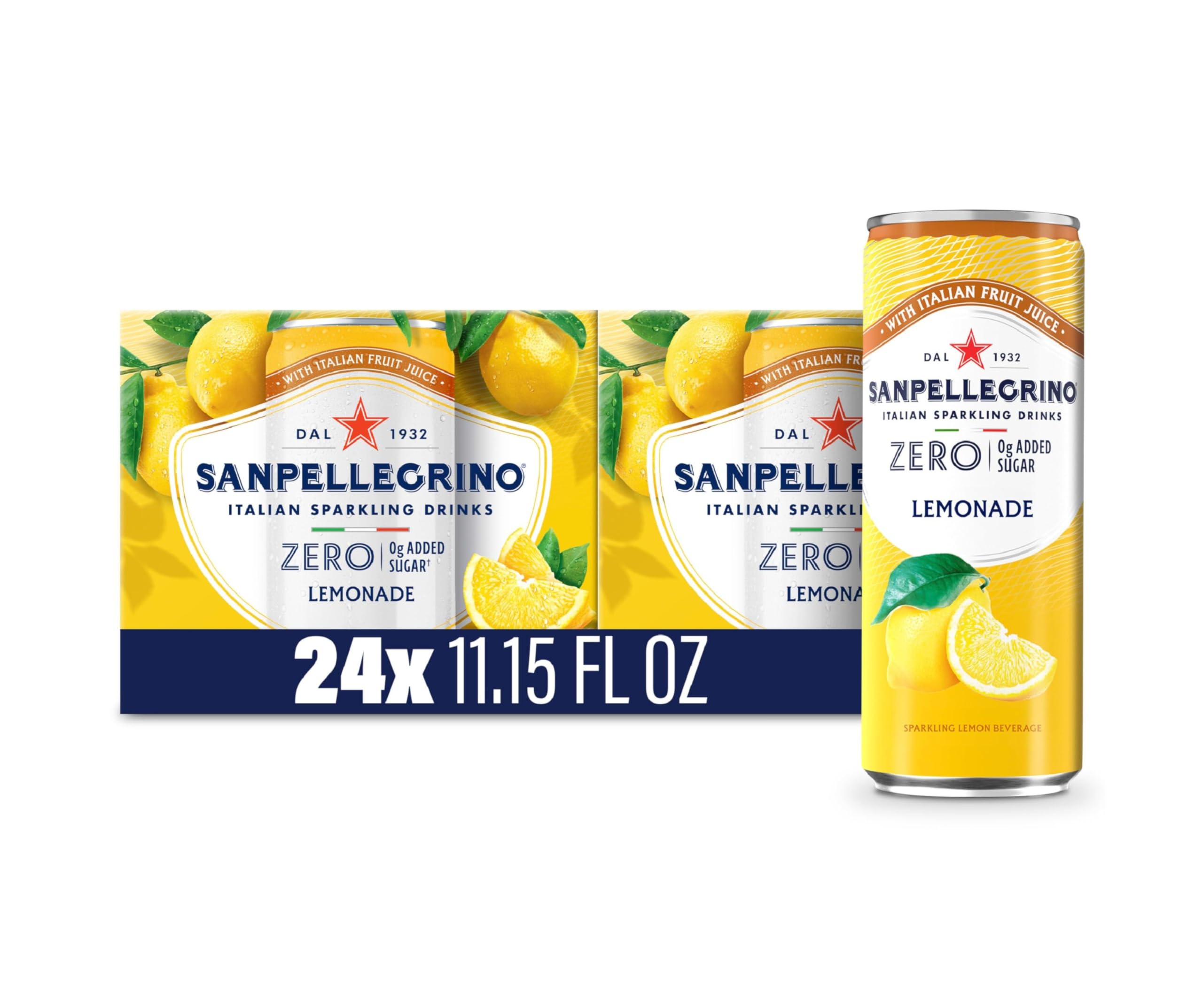 Sanpellegrino Zero Grams Added Sugar Italian Sparkling Drinks Lemonade, Sparkling Lemon Beverage, 24 Pack of 11.15 Fl Oz Cans