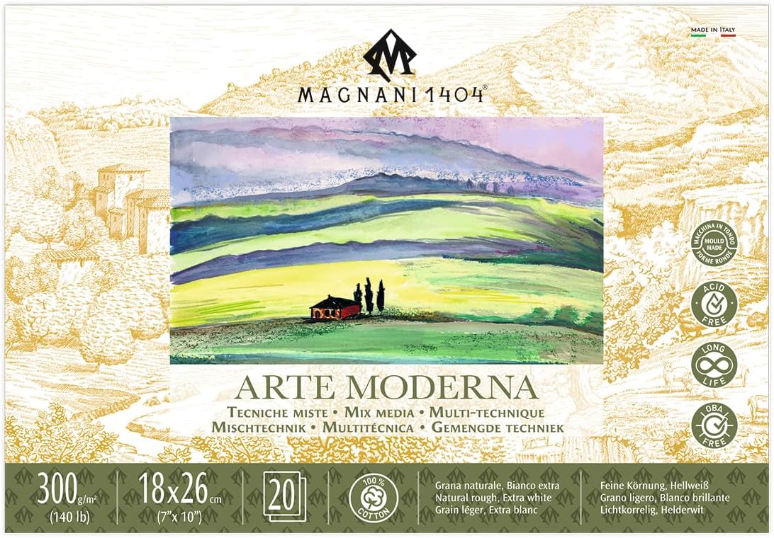 Magnani 1404 Arte Moderna Mixed Media Pad, 140 lb (300gsm), 7x10, 100% Cotton, Extra White, Vegan-Sized Mixed Media Paper for Wet and Dry Art, Absorbent, Acid-Free and UV Resistant