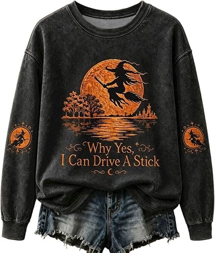 Halloween Sweatshirt Womens Salem Broom Company Witch Print Pullover Tops