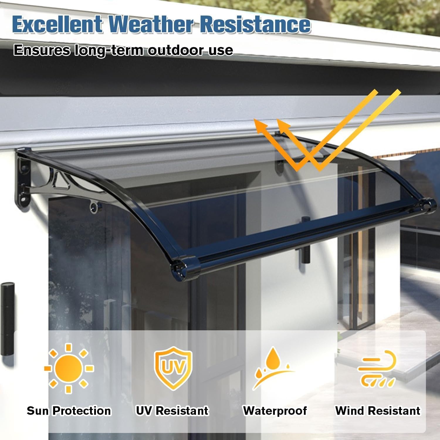 24in/31in Waterproof Door Canopy Awning with Drainage Sink, Outdoor Porch Cover, UV Protection, Black Aluminum Bracket for Front Door, Window, Roof, Patio - (80x160cm/31 x63)