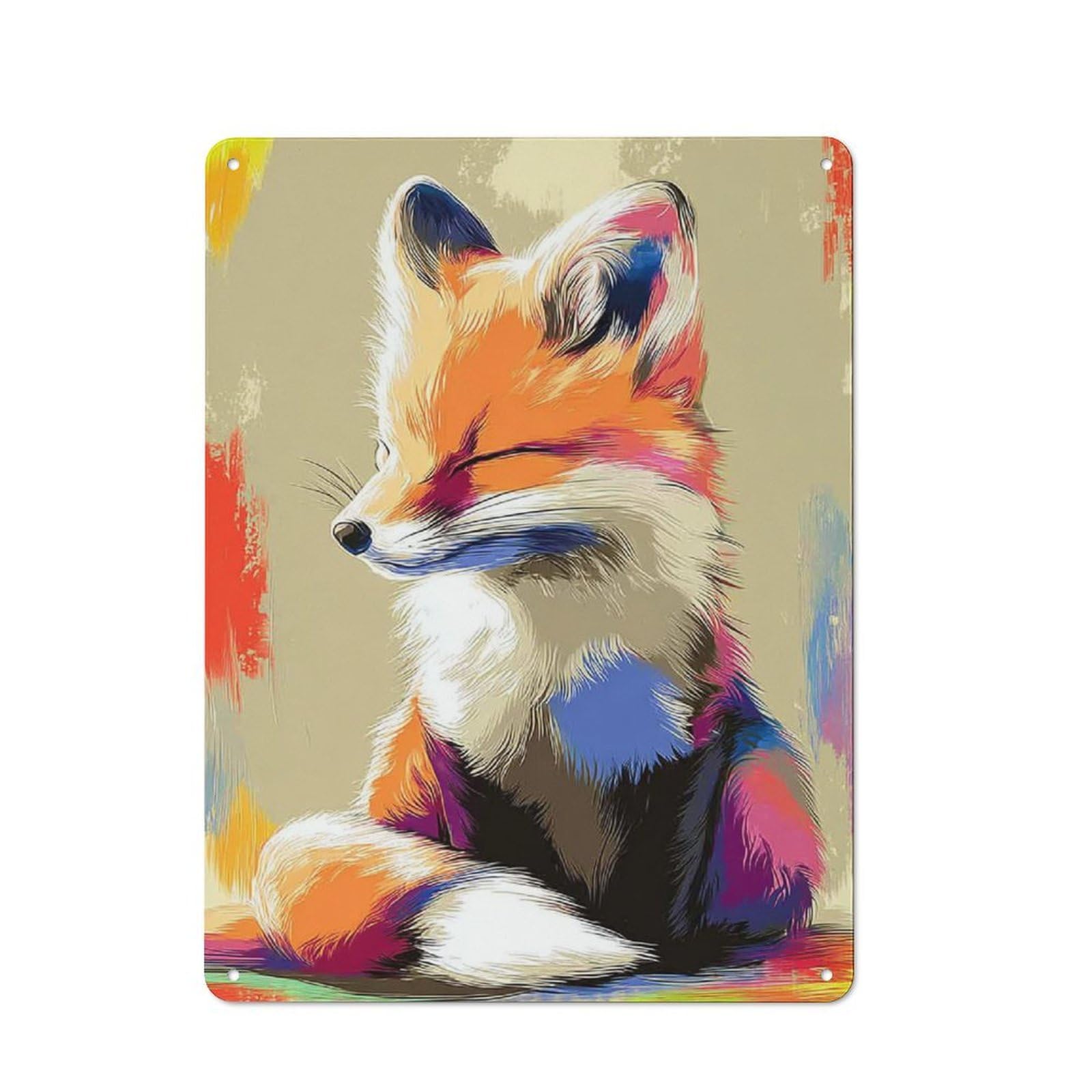 Colorful Fox Illustration Old Style Metal Wall Decor 40x30cm, Decorative Tin Plaque for Cafe, Pub, Workshop Or Home Bar