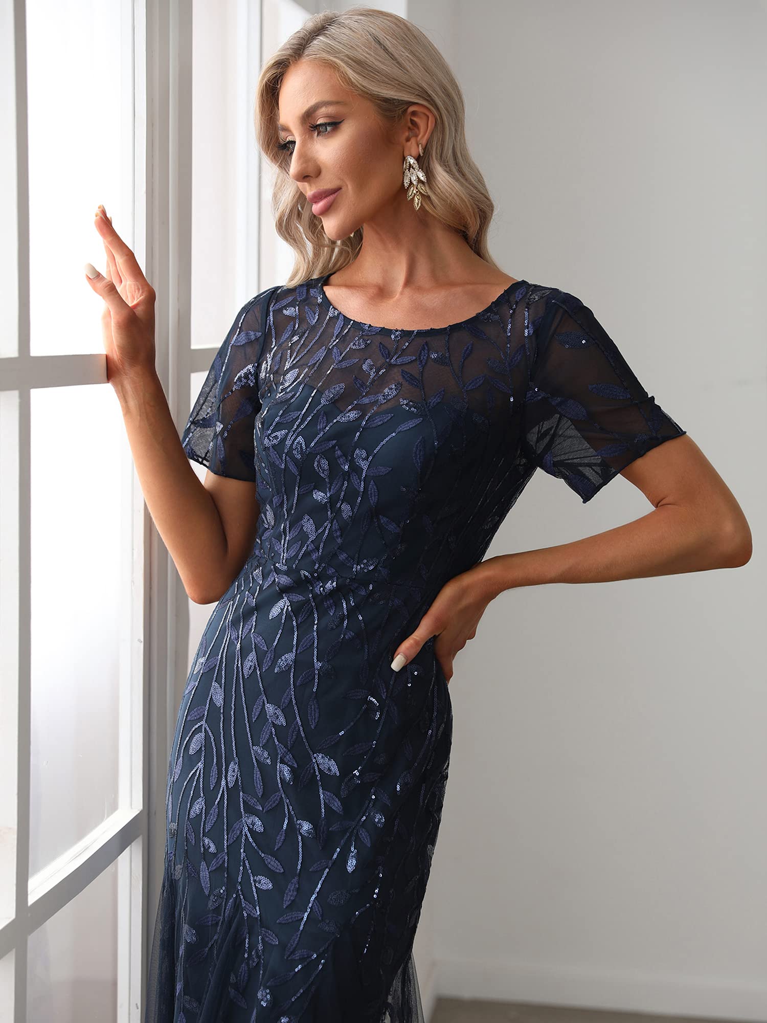 Ever-Pretty Elegante vestido de noche de sirena de manga corta con cuello redondo bordado de lentejuelas 07707