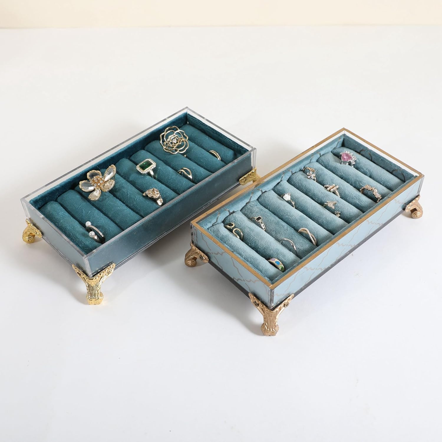 GemeShou velvet slots Ring holder for jewelry organizer, Earring ring display stand for selling, felt ring jewelry holder tray showcase【Velvet slots Ring Holder-Light blue】