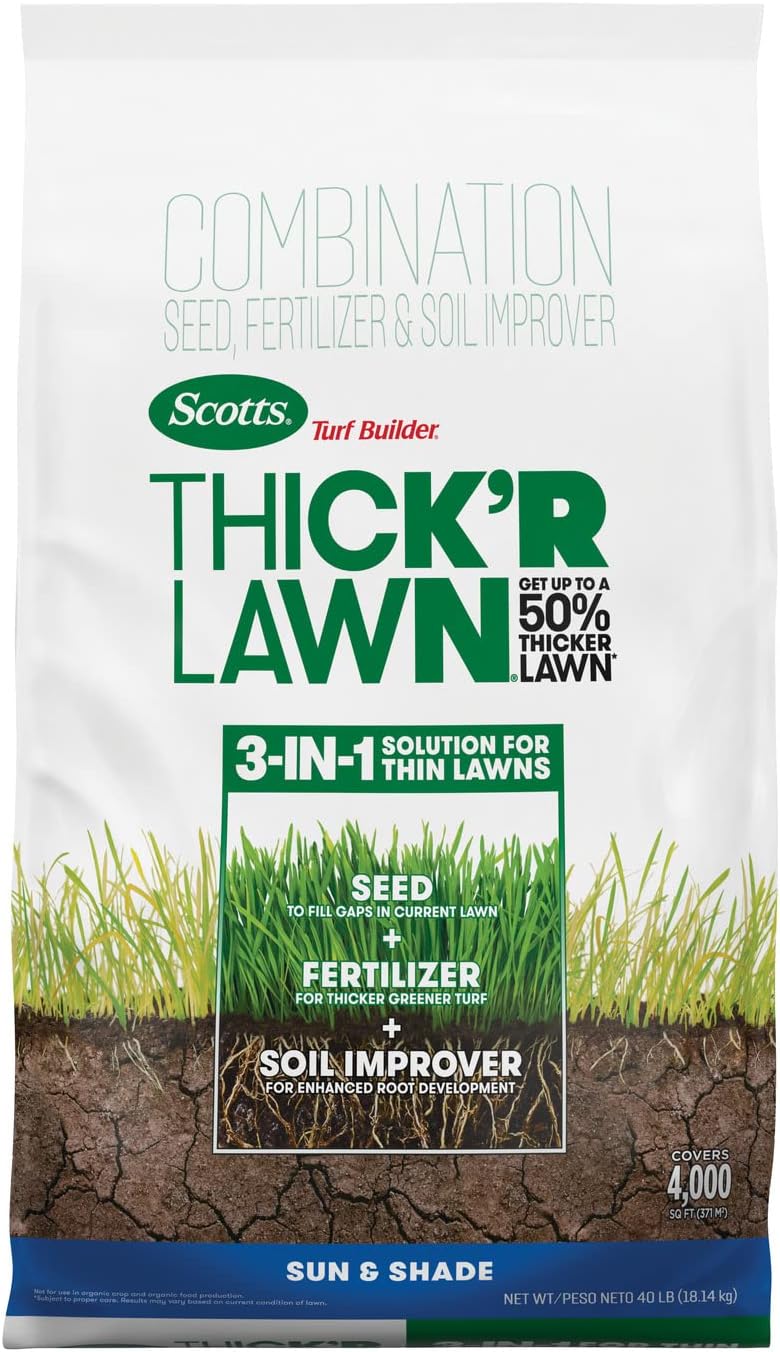 Scotts Turf Builder Thick'R Lawn Grass Seed, Fertilizer and Soil Improver for Sun & Shade, 40 lbs.