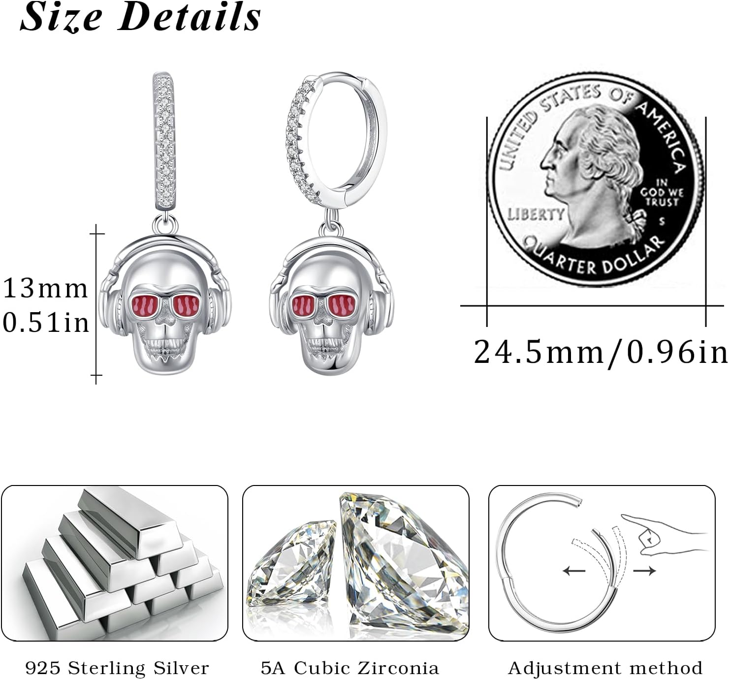 925 Sterling Silver Skull Earrings for Men Women, Skeleton Valentines Earrings Punk Earring Dangle Halloween Valentines Day Gifts for Her Skull Jewelry for Women