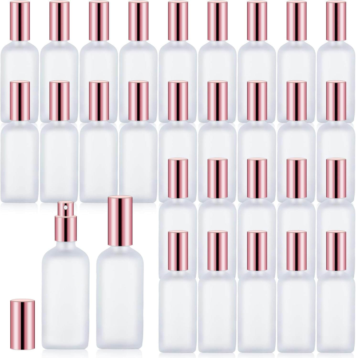 30 Pcs Glass Spray Bottle, 3.4 oz/100 ml Perfume Empty Bottles,Frosted Glass Spray Bottles, Clear Bottle with Rose Gold Fine Mist Sprayer,Refillable Container for Perfume Travel(Rose Gold)