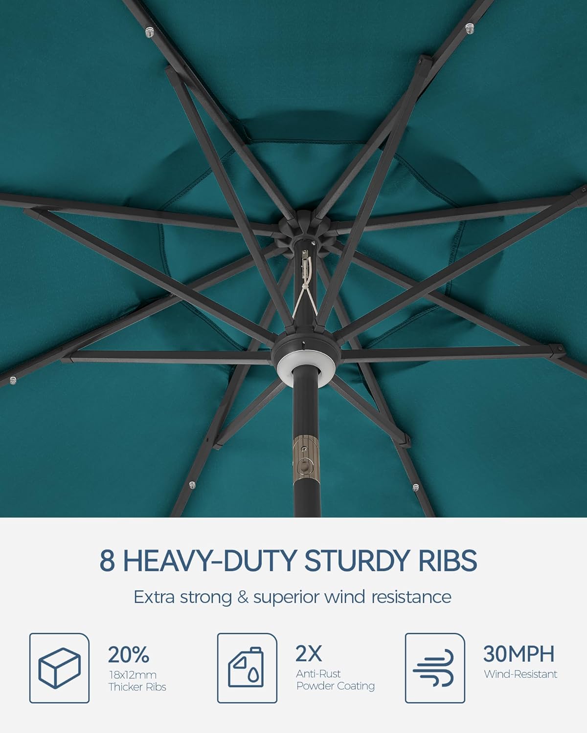 7.5 ft/9 ft/10 ft Patio Umbrella with Solar Light, 24/32-LED + 1 Center Light, 6/8 Heavy Duty Ribs–Large Table Outdoor Umbrella for Patio- Beach, Pool, Deck, Market & Table, Crank&Tilt