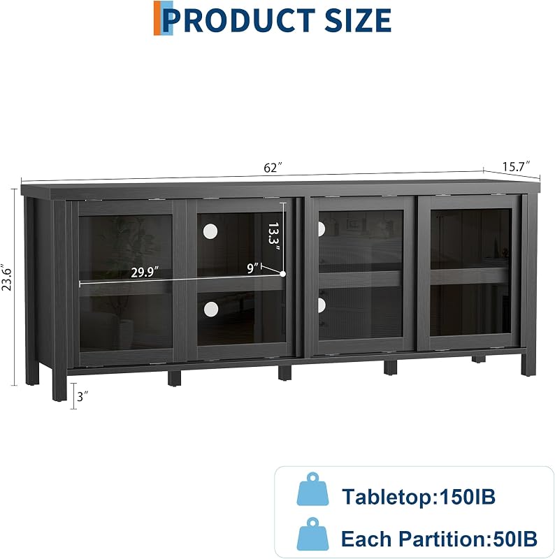Garvee TV Stand for 65" with Entertainment Center, Storage Cabinet, 4 Sliding Glass Doors, Mid Century Modern Media TV Console Table for Living Room Bedroom, Black image 3