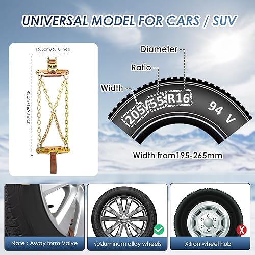 Miniatura 3 de Qoosea Cadenas de neumáticos para nieve para automóvil y SUV, eslabones cruzados, resistentes, 6 cadenas universales antideslizantes