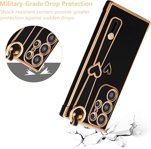 Miniatura 5 de ZTOFERA Funda para Samsung Galaxy S21 Ultra 5G con correa para la muñeca, bonito borde chapado de lujo, patrón de corazones de amor para niñas y