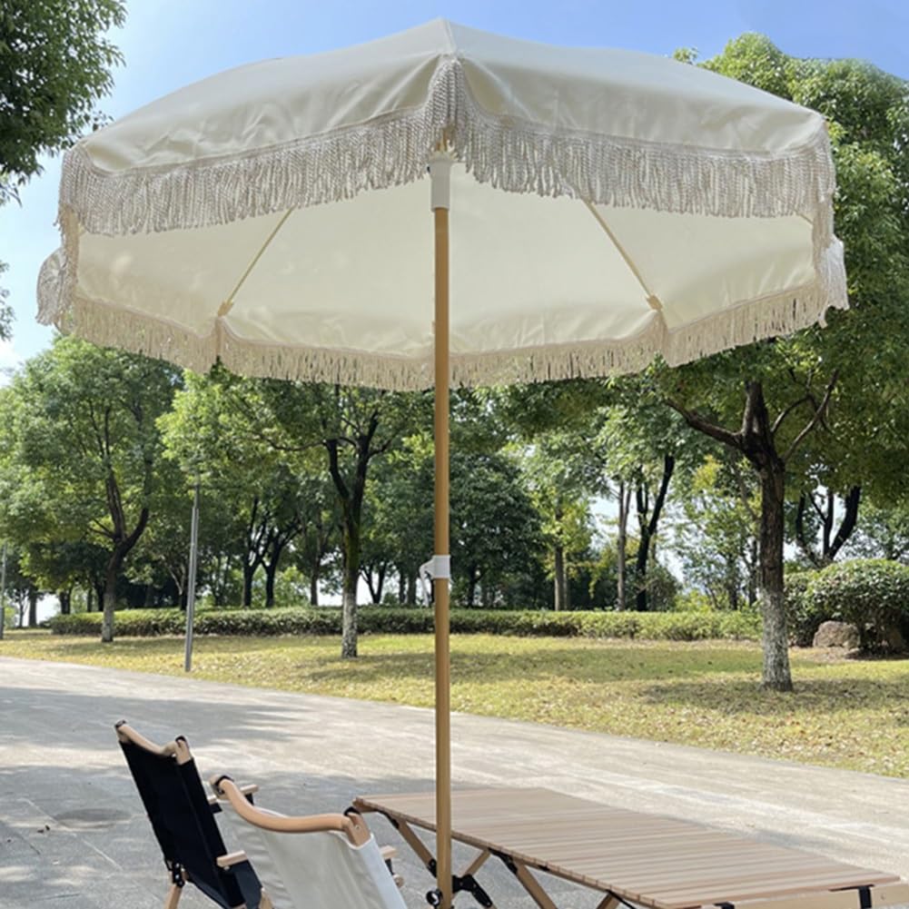 Biała plażowa na plaży parasol z frędzlami drewniany guziki pochylenia Parasol na rynku do ogrodowego trawnika UV i odporny na wiatr