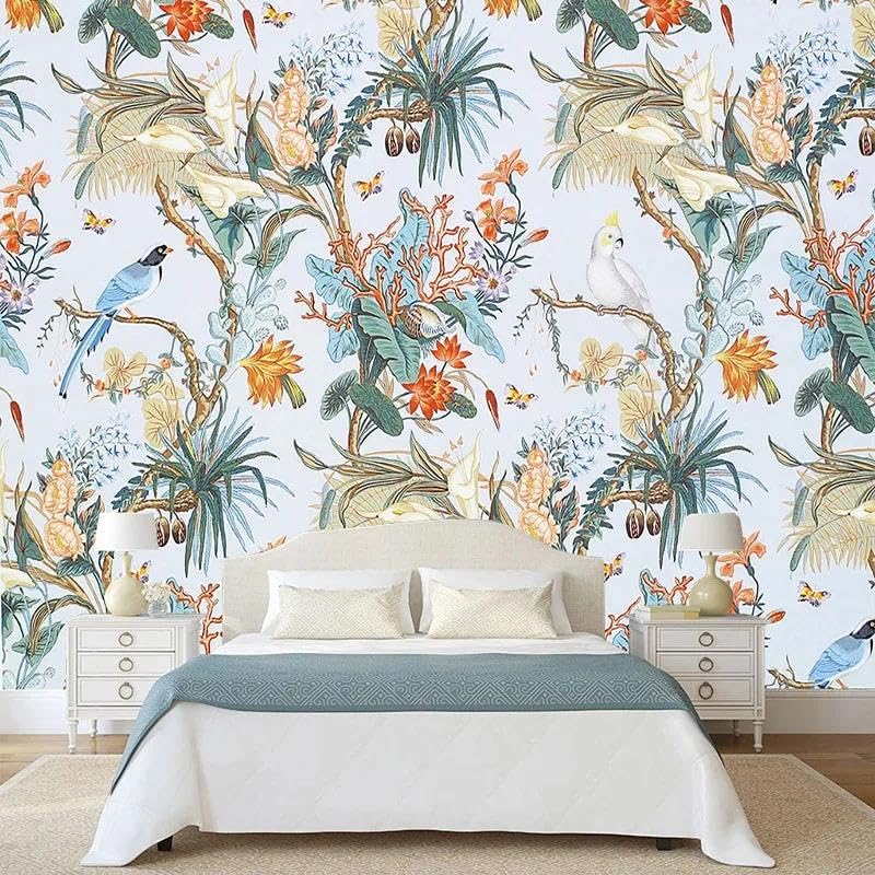 Papier peint 3D plantes oiseaux au-dessus du canapé pour créer un salon nature