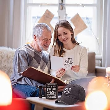 Bonuci 5 Pcs Poppy Gifts Set for Father's Day Christmas Include World's Best Pop Pop Embroidered Cap Crew Socks Coffee Mug with Hammer Handle Cards with Envelope Gifts Ideas for Father Dad Grandpa