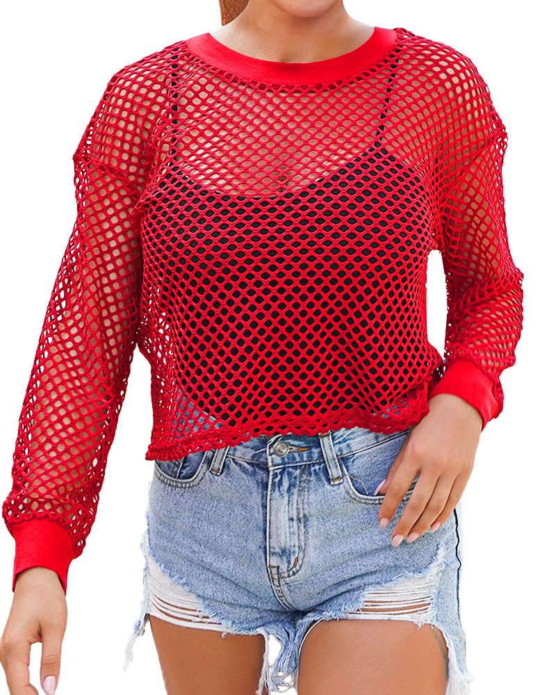 CLOZOZ Damen Mesh Cover Up See Through Fischnetz T-Shirt Crop Top, Langärmelig, XX-Large