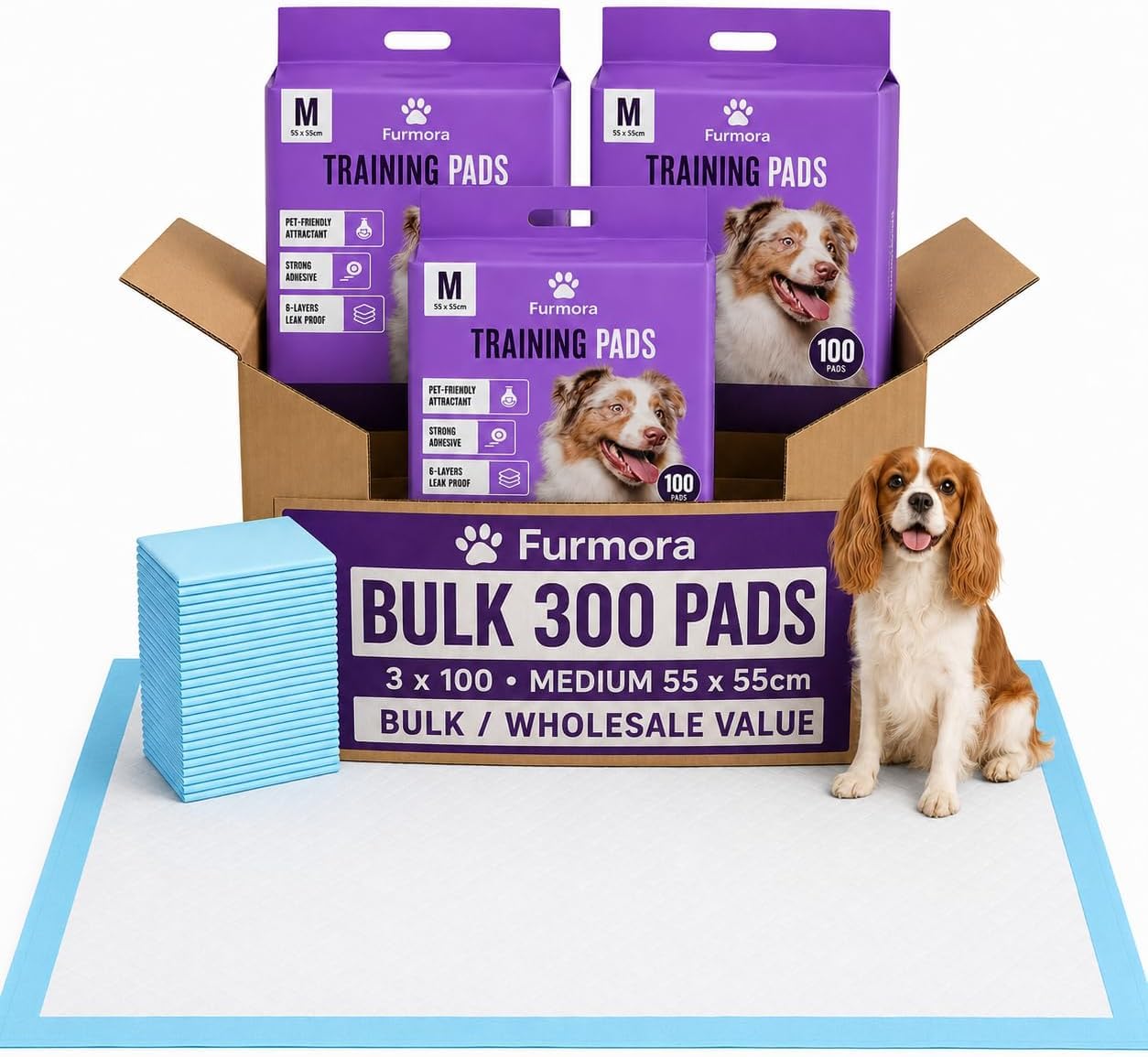 Puppy Pads 55 x 55 cm, Pack of 300, 6-Layer Absorbent Dog Training Pads