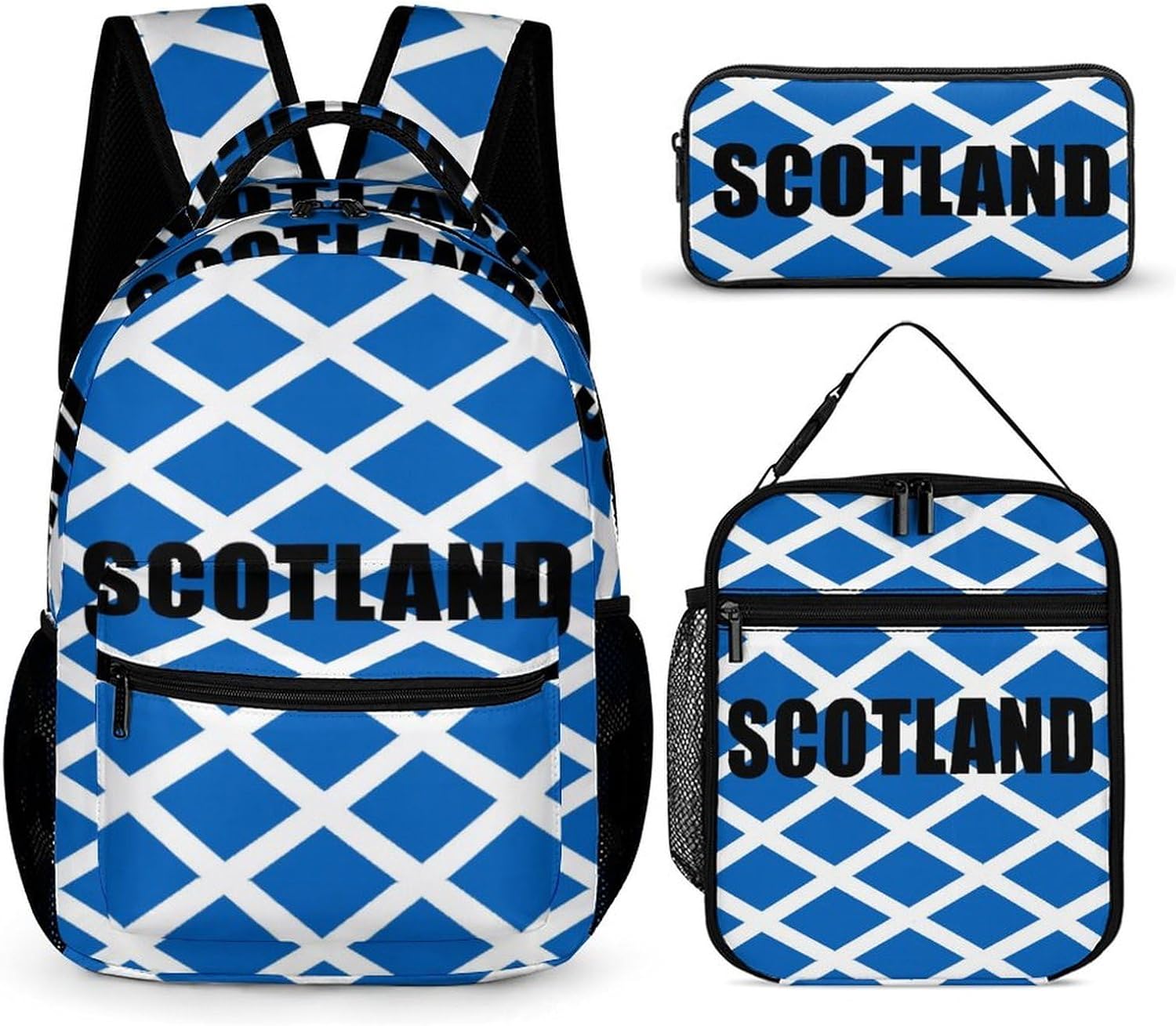 Stitched Scottish Flag Backpack 3 in 1 Set Insulated Lunch Bag Makeup Bag