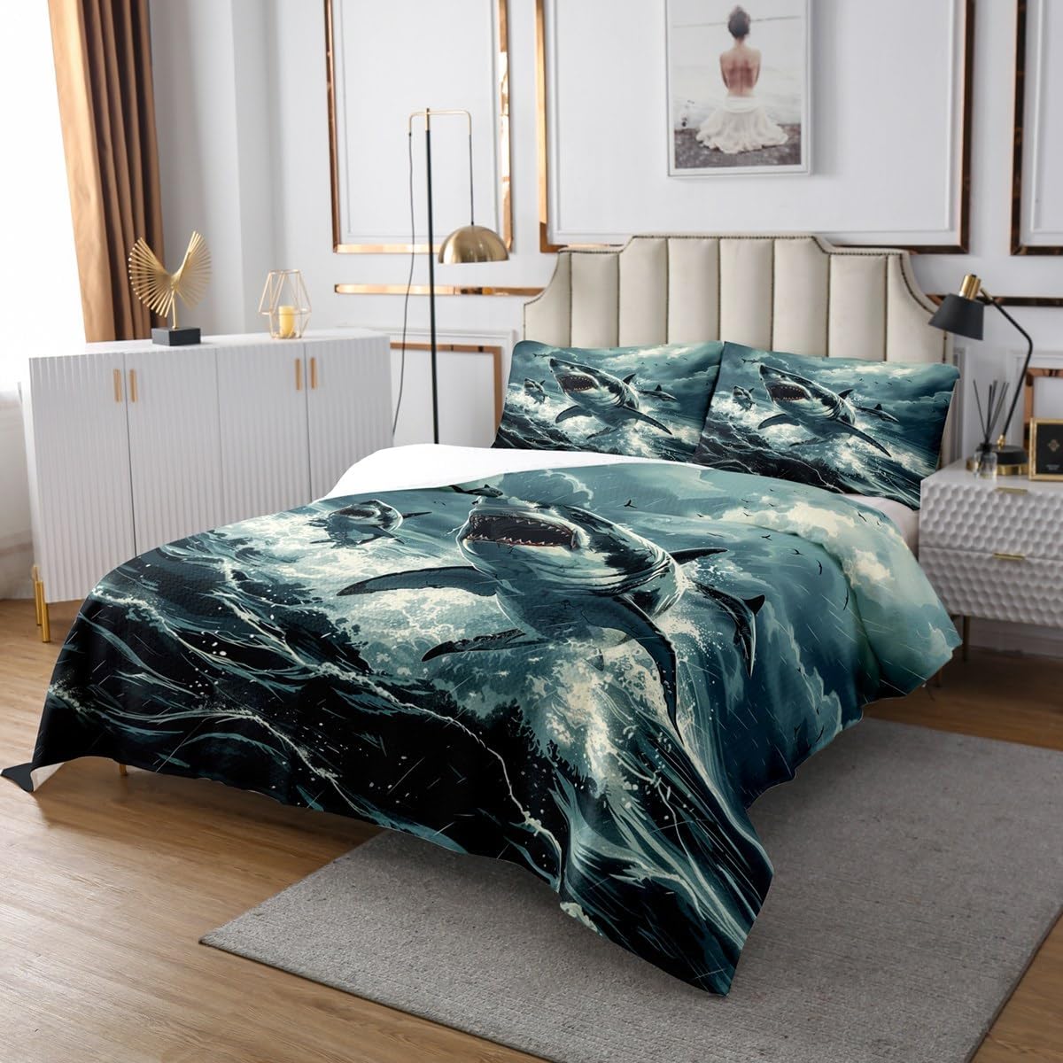 Erosebridal Ocean Shark Kids Bedspread Set Sea Theme Twin Quilt Set for Boys Girls Teen,Wildlife Animal Coverlet Set Ocean Storm Shark Bed Set Bedroom Decor 2 Pcs