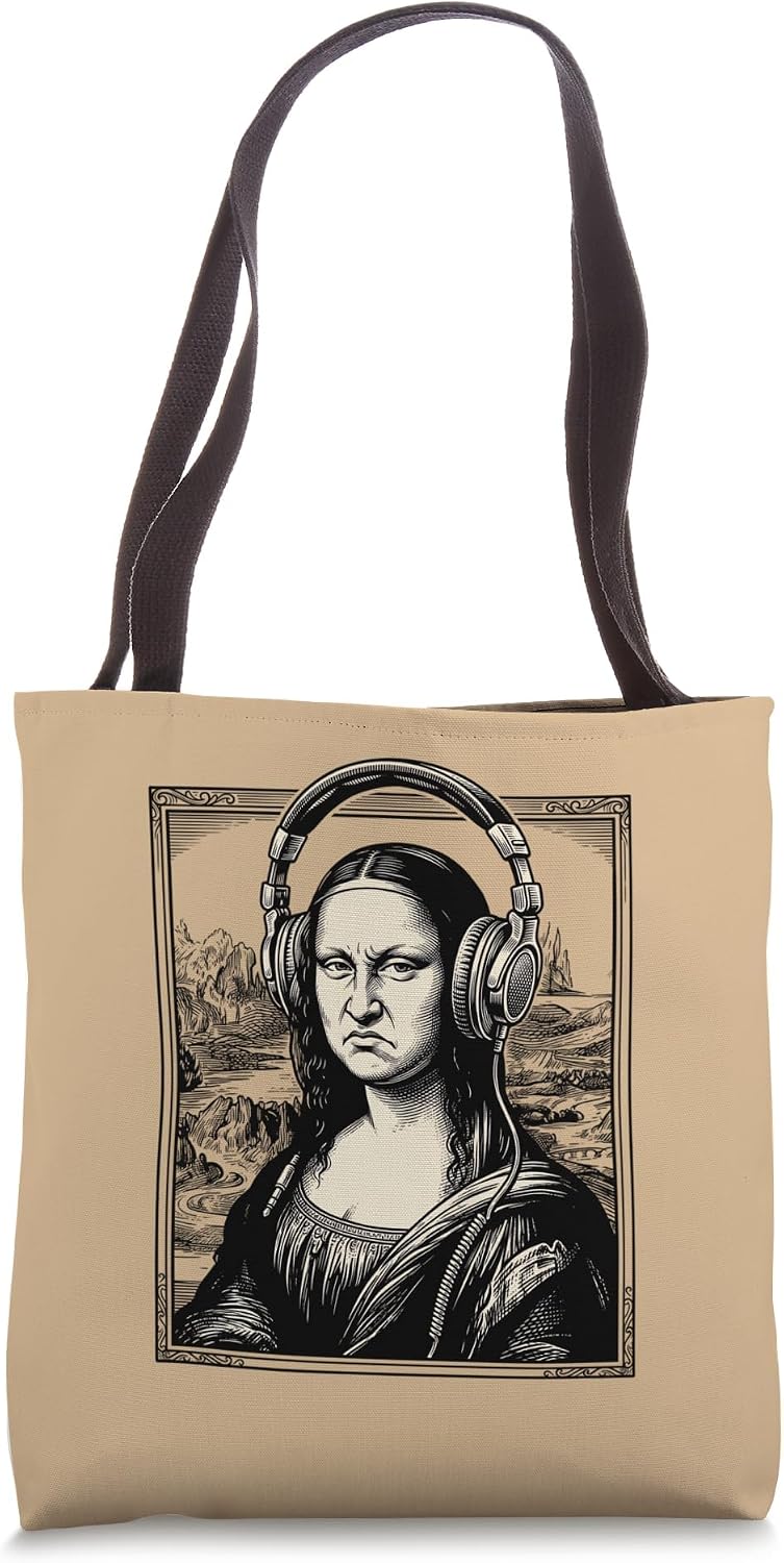 Funny Mona Lisa Headphones Grumpy Art Parody Music Tote Bag
