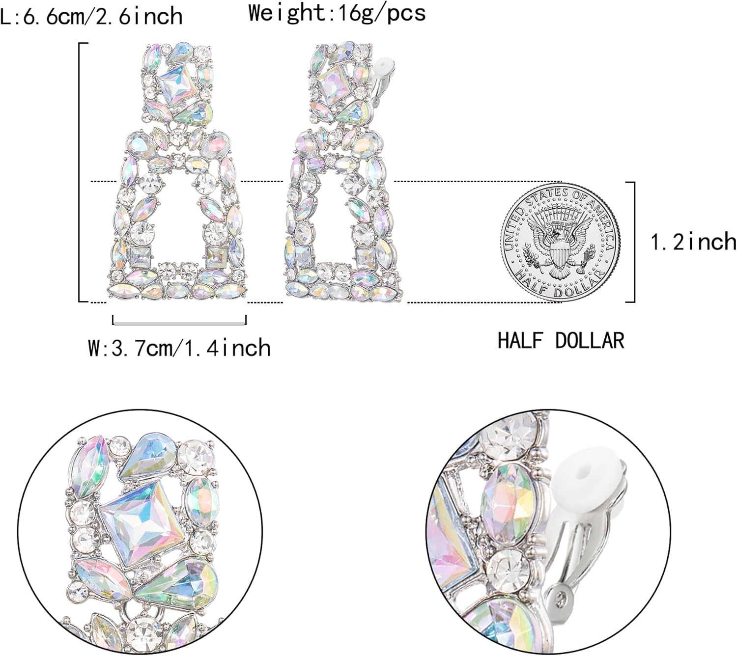 Flyonce Rectangle Clip-on Drop Earrings for Women, Sparkly Rhinestone Crystal Geometric Statement Non Pierced Earring - Image 6