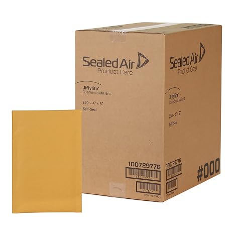 Sealed Air JiffyLite Bubble Cushioned Shipping Mailers, Case of 250, Self Seal Recycled Mailing Envelope made with BubbleWrap, #000 - 4 x 8, Manila