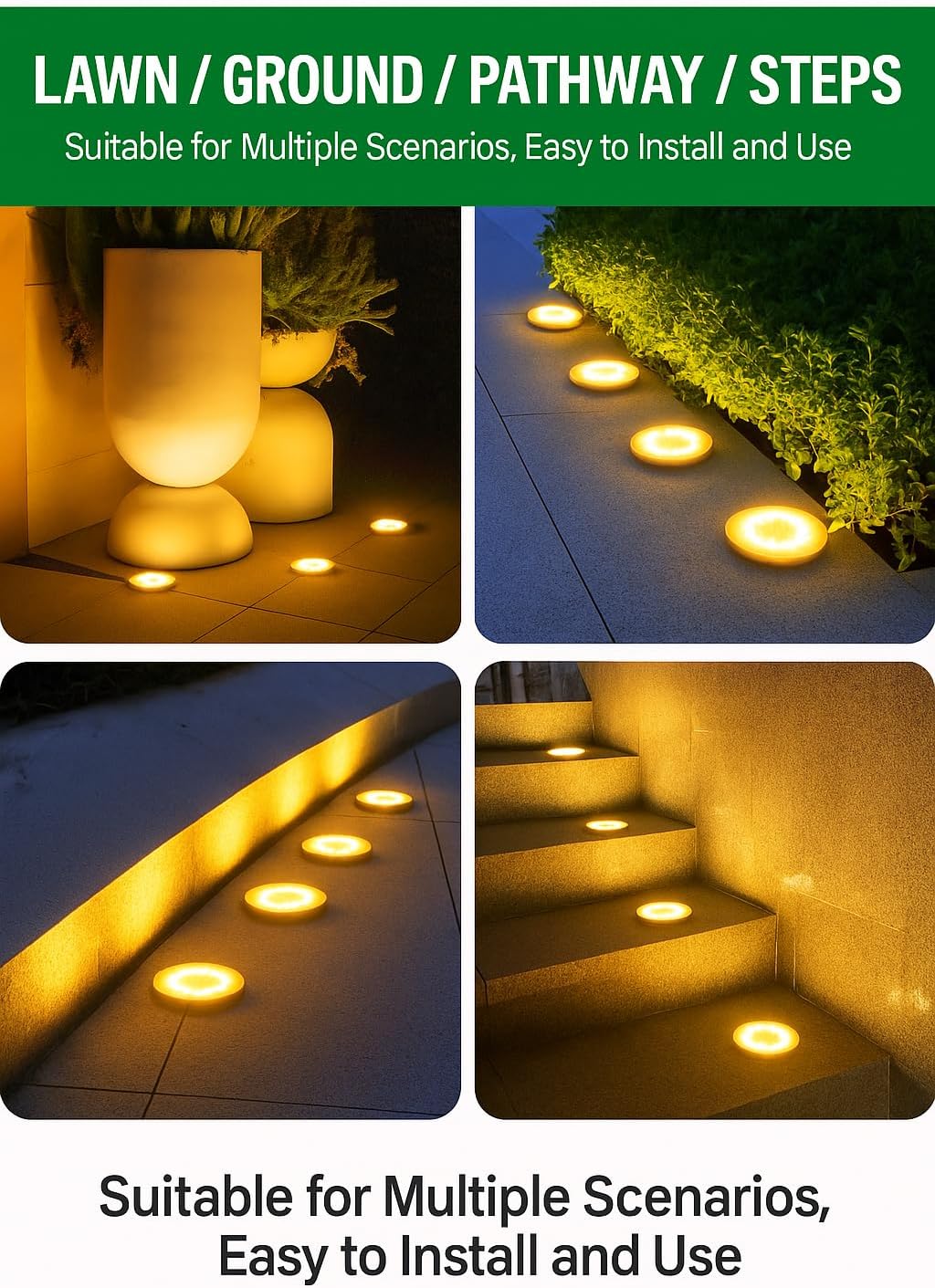 JT Morolux Solar Ground Lights, LED Disk Lights, White, Waterproof Outdoor Path Lights for Garden, Lawn, Walkway, Driveway (Warm White, 8)