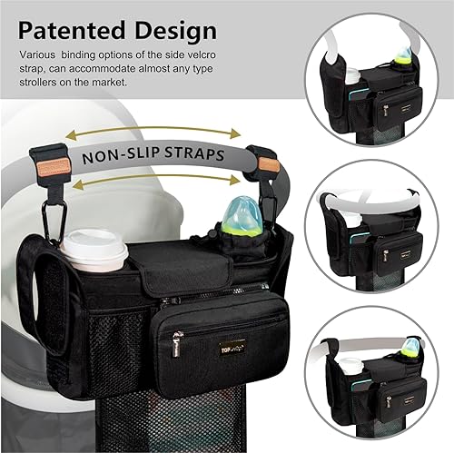 Miniatura 4 de TOPDesign Organizador universal para cochecito de bebé, carrito de cochecito con bolsa de malla desmontable y portavasos aislados elevados y