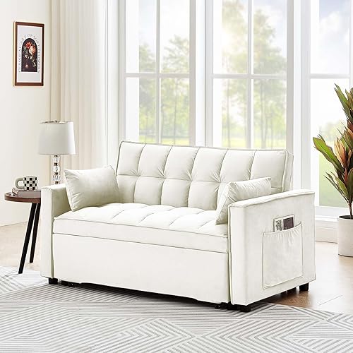 Miniatura 2 de Sofá cama convertible 3 en 1, sofá biplaza moderno de terciopelo con almohadas y bolsillos laterales, sofá extraíble de 2 plazas para espacios
