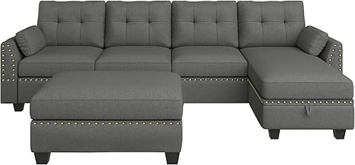 Miniatura 5 de HONBAY Juego de sofá modular reversible en forma de L para sala de estar sofá modular de 4 asientos con otomana de almacenamiento para apartamentos