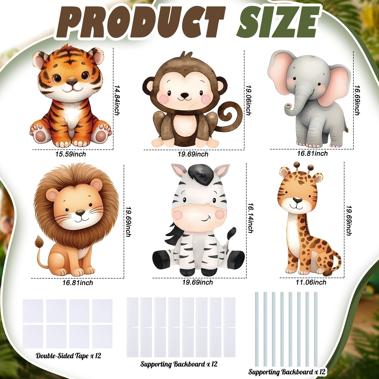 6 piezas grandes de animales de safari, recortes de cartón, vida silvestre, selva, decoración de fiesta para cumpleaños, zoológico, animal, baby shower, decoración de cumpleaños, decoración