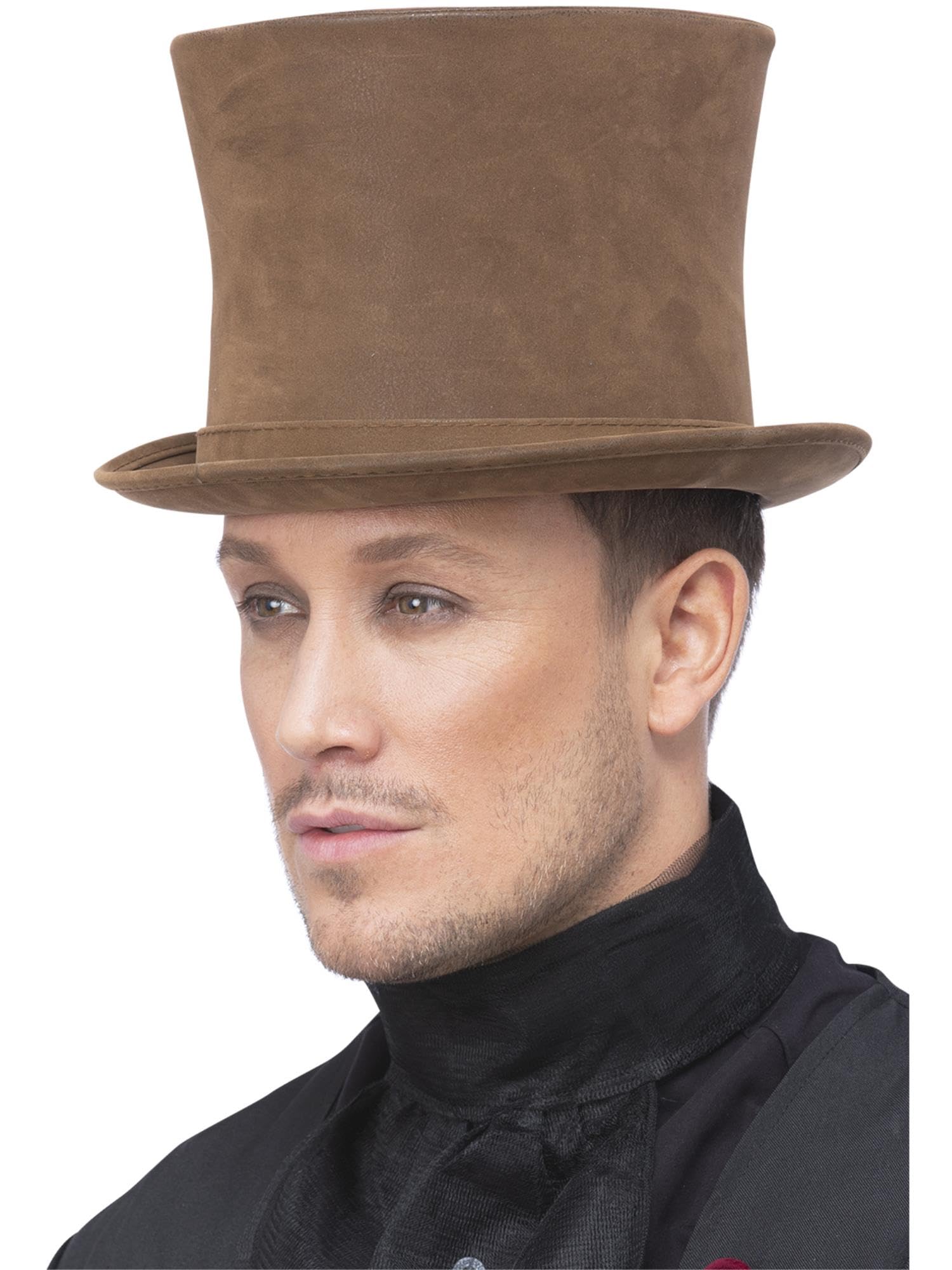 Smiffys Deluxe Authentic Victorian Top Hat, Brown Suede Look, Halloween Fancy Dress Accessory, Victorian Dress Up Hats - Image 3
