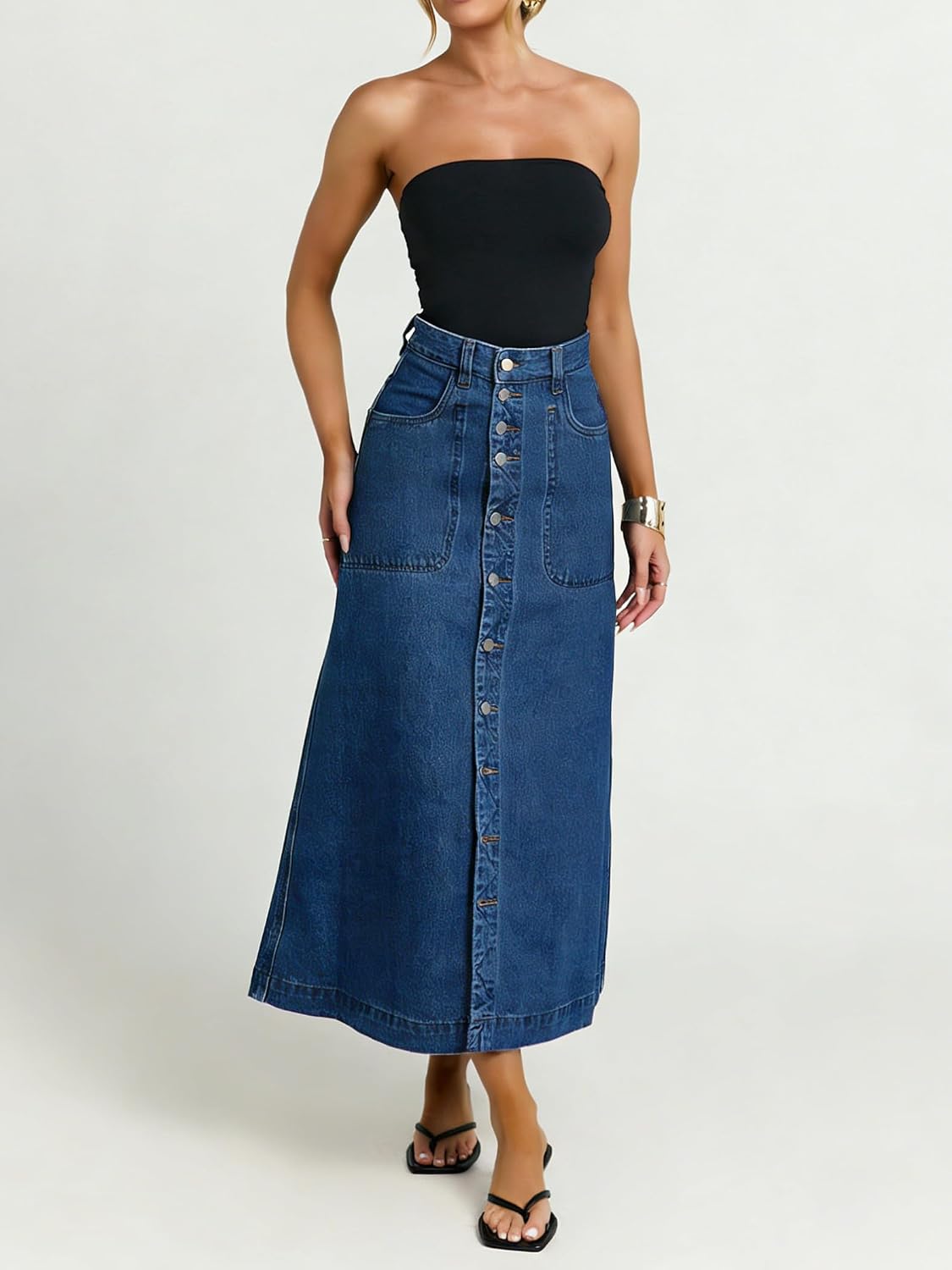 utcoco Women's High Waist Long Denim Skirt Button-Fly A-Line Jean Midi Skirt with Pocket