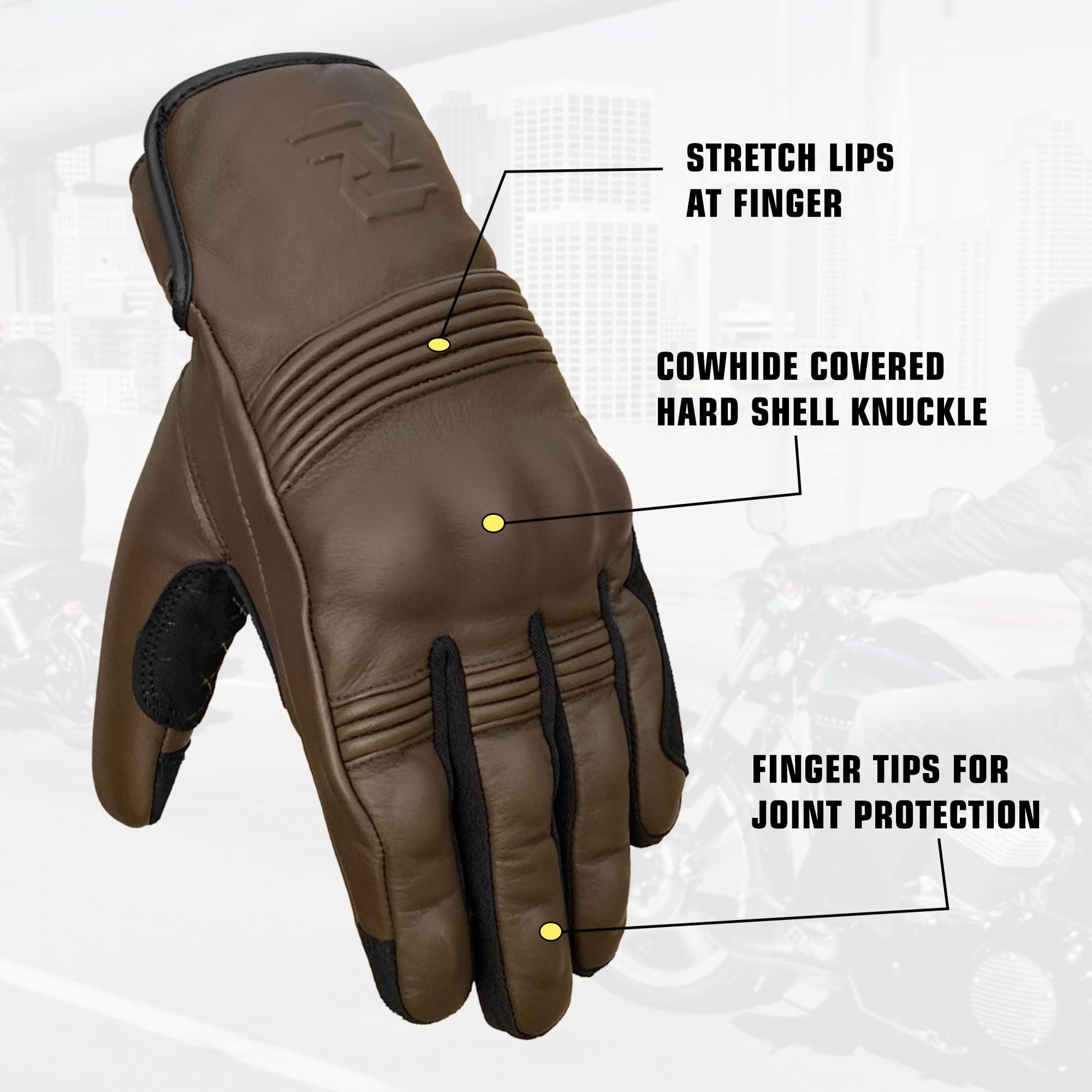 Motorradhandschuhe aus Leder für Herren und Damen, Touchscreen, Vollfinger, Ziegenleder, harte Fingerknöchel für Motorrad