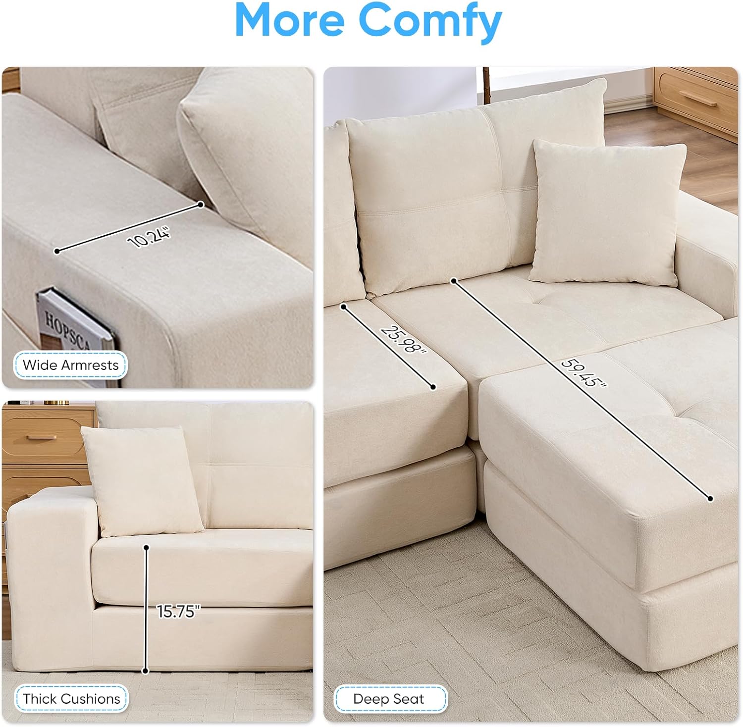 Mjkone Boneless Cloud Loveseat Sofa Couch, Modular Foldable Floor Sofa with Ottoman, Sleeper Mattress Couches, Chenille Folding Couch Bed for Living Room, No Assembly, Beige