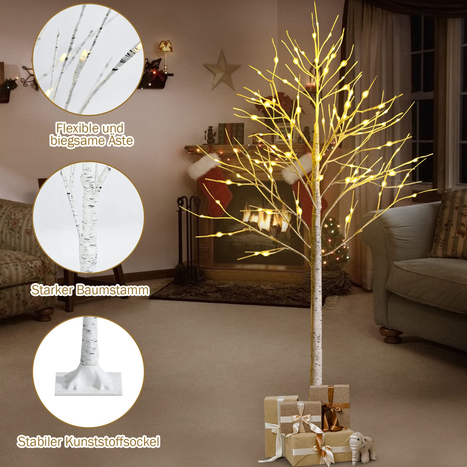 COSTWAY 180cm LED Lichterbaum, Birkenbaum mit warmweißen LED-Leuchten, künstlicher Weihnachtsbaum, Tannenbaum, Christbaum, Kunstbaum, Dekobaum