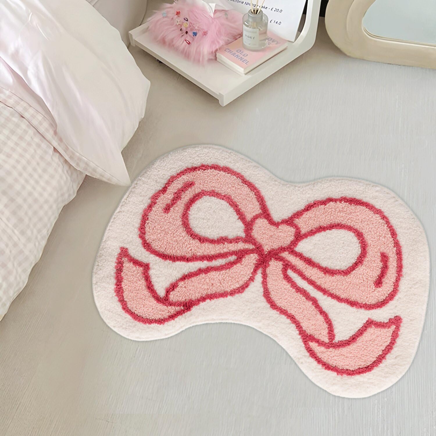 UYIHOMATSA Coquette Bow Pink Bathroom Rugs, Bath Mat for Bathroom Non Slip Funny Bath Rugs Absorbent Microfiber Shaggy Plush Preppy Heart Small Cute
