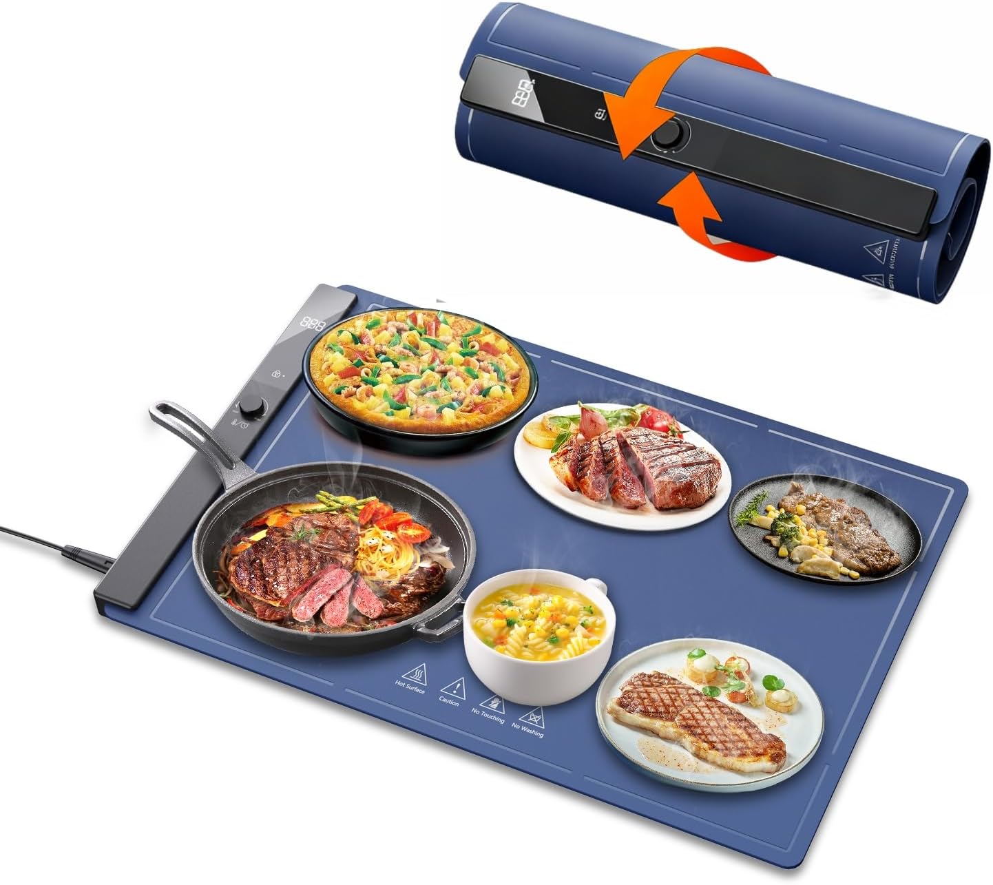 Food Warming Mat 24x16 Inches, Electric Warming Tray with 6 Level Adjustable Temperature, Heating Fastly in 10s, Timed Function, Portable Roll-Up Mat for Family Gatherings, Buffets and Parties (Blue)