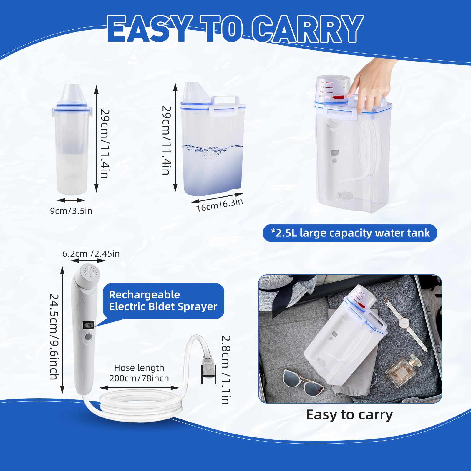 Bidé Portátil Eléctrico 2.5L Recargable Pulverizador de Mano Kit